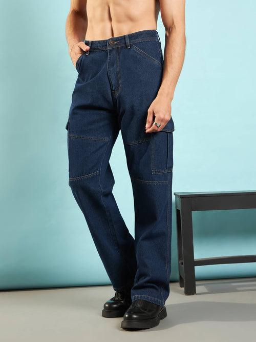 Men Blue Front Detail Cargo Pocket Jeans