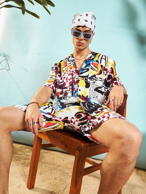 Men White Multi Colour Abstract Print Relax Fit Short