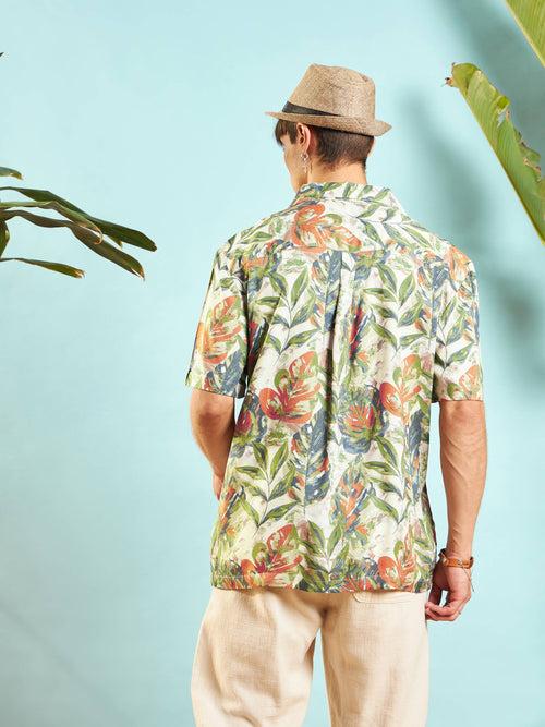 Men Beige Tropical Print Relax Fit Shirt