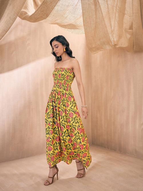 Women Yellow Floral Smocked Bust Tube Maxi