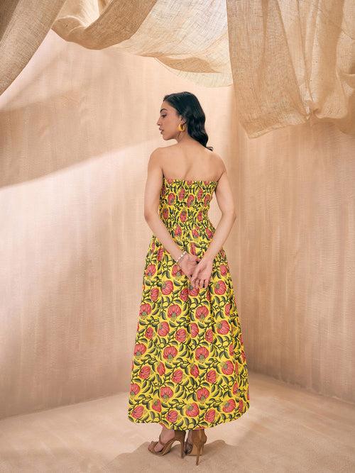 Women Yellow Floral Smocked Bust Tube Maxi