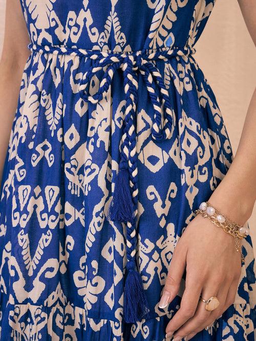 Women Blue Ikat Print Shoulder Tie Belted Tiered Maxi