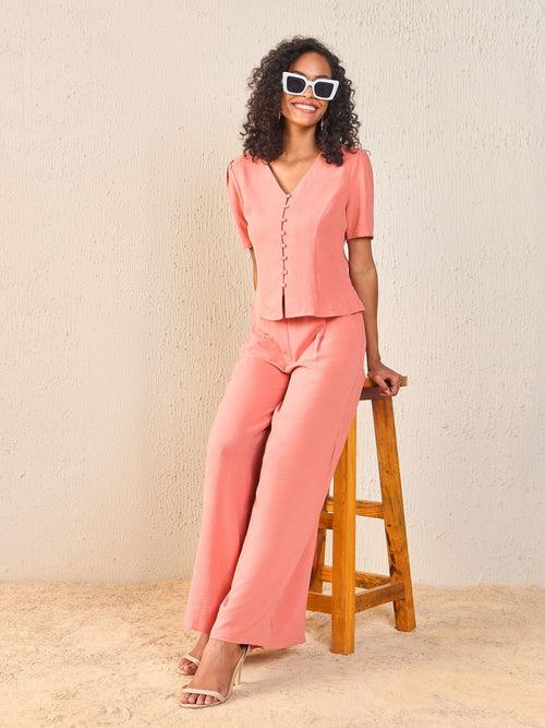 Women Dull Pink Front Button Top With Paperback Waist Pants