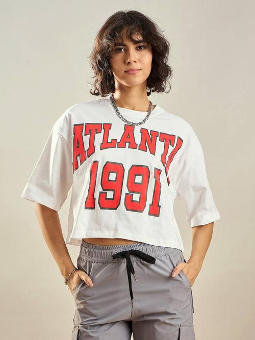Women White ATLANTA Printed Crop T-shirt