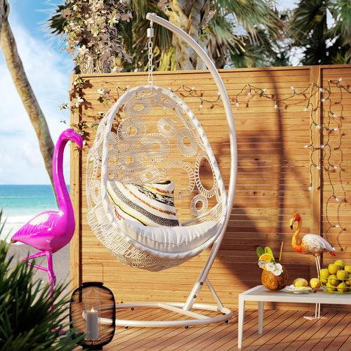 Flutter Single Seater Hanging Swing With Stand For Balcony , Garden (White)