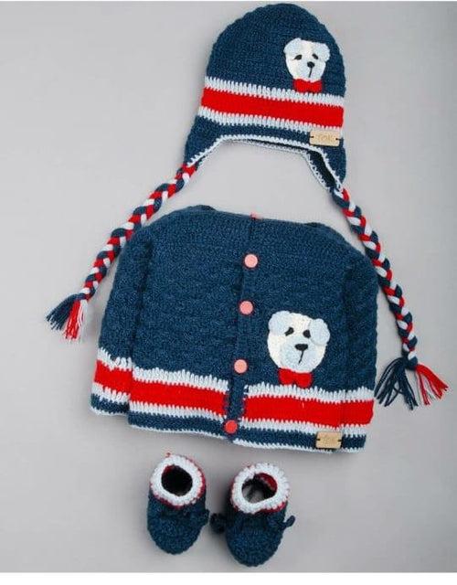 Teddy Embellished Sweater Set- Navy Blue & Red