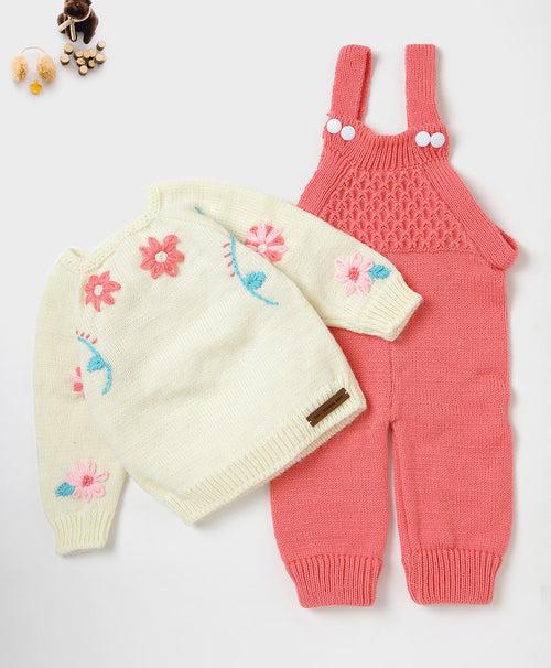 Flower Embroidered  Dungaree Set- Pink & Off White