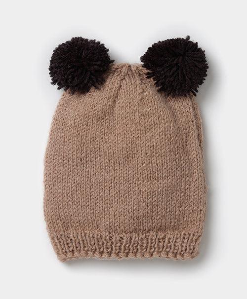 Handmade Knitted Pom Pom Cap- Beige & Brown