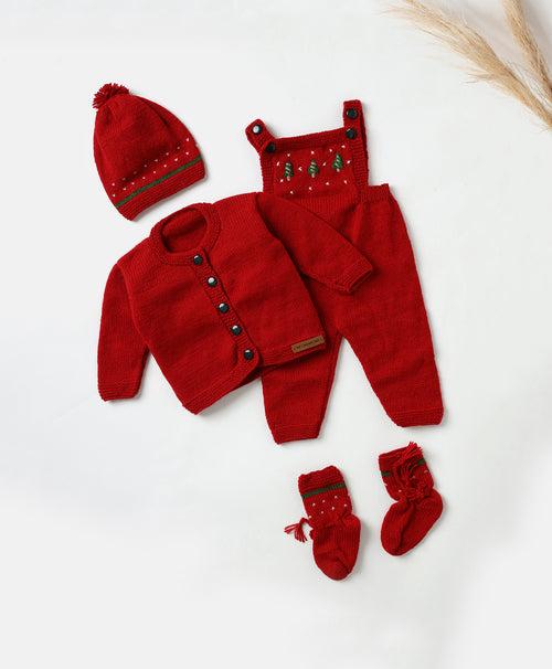 Handmade Self Design Dungaree Set- Red