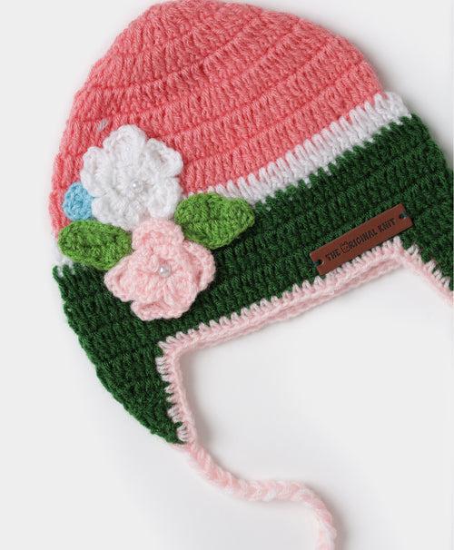 Handmade Flower Embellished Cap- Pink & Green