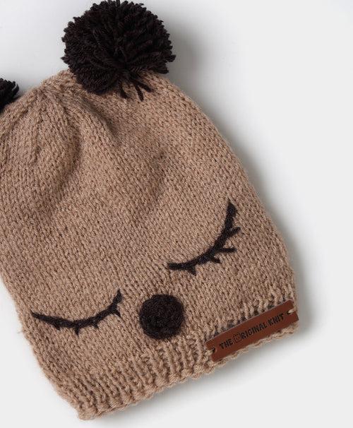 Handmade Knitted Pom Pom Cap- Beige & Brown