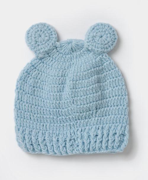 Handmade Teddy Design Cap, Mittens & Booties- Ice Blue & Grey