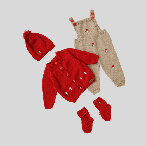 Handmade Self Design Dungaree Set- Red & Beige