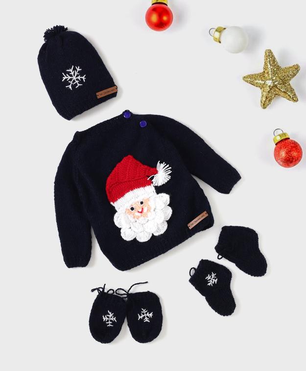 Handmade Santa Embellished Sweater Set- Navy Blue