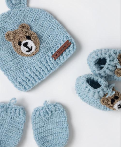 Handmade Teddy Design Cap, Mittens & Booties- Ice Blue & Grey