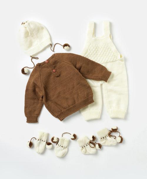 Flower Embroidered Handmade Dungaree Set- Brown & Off White
