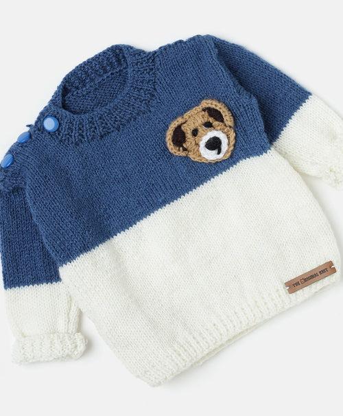 Handmade Teddy Embellished Sweater Set- Blue & White