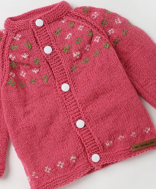 Handmade Self Design Sweater Set- Pink & Green