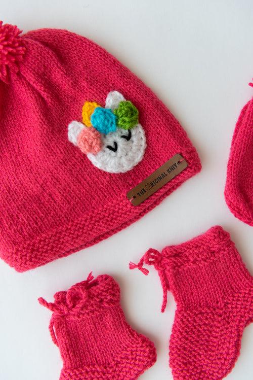 Handmade Unicorn Cap with Socks & Mittens- Pink