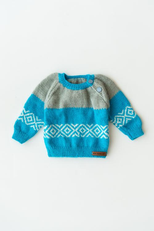 Unisex Kids Self Design Handmade Sweater- Blue & Grey