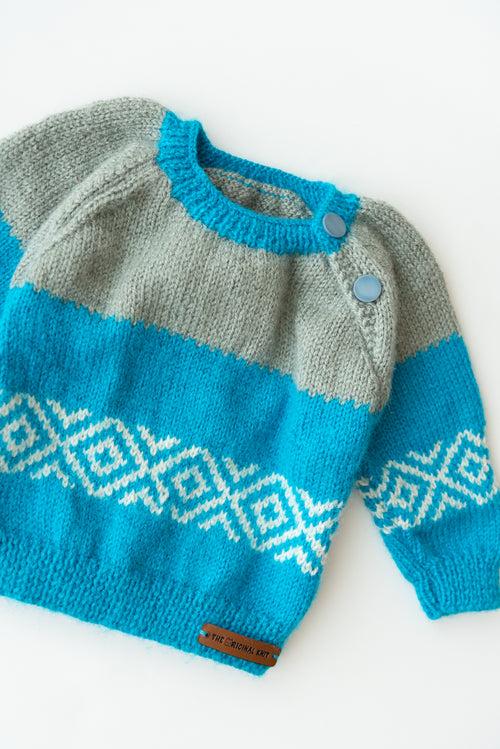 Unisex Kids Self Design Handmade Sweater- Blue & Grey