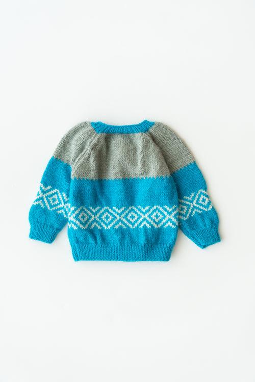 Unisex Kids Self Design Handmade Sweater- Blue & Grey