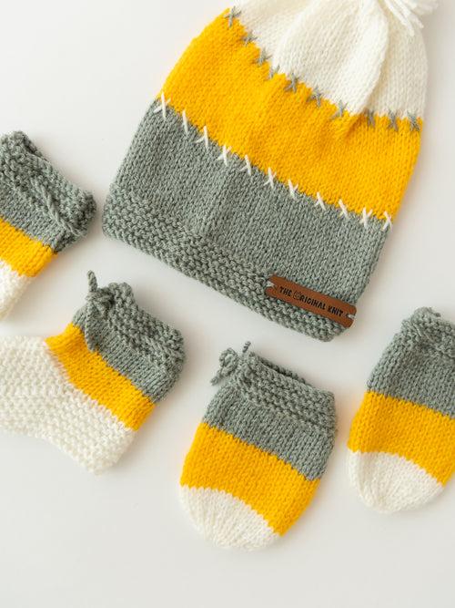 Unisex Handmade Cap With Socks & Mittens- Yellow & Grey