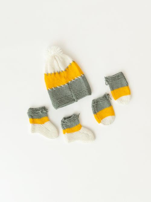 Unisex Handmade Cap With Socks & Mittens- Yellow & Grey