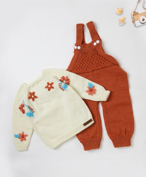 Flower Embroidered Dungaree Set- Rust & Cream