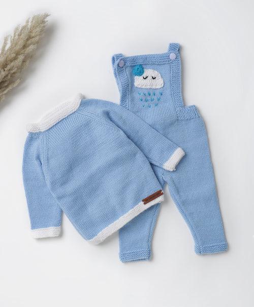 Cloud Embellished Handmade Dungaree Set - White & Ice Blue