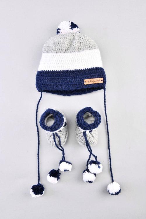 Handmade Cap & Booties- Navy Blue & White