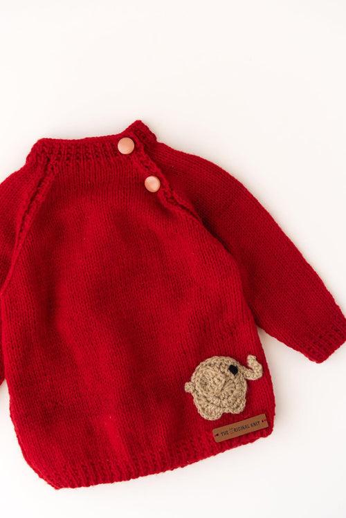 Elephant Patch Handmade Sweater Set- Red