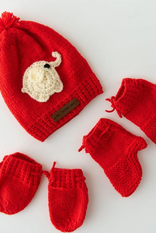 Elephant Patch Handmade Sweater Set- Red