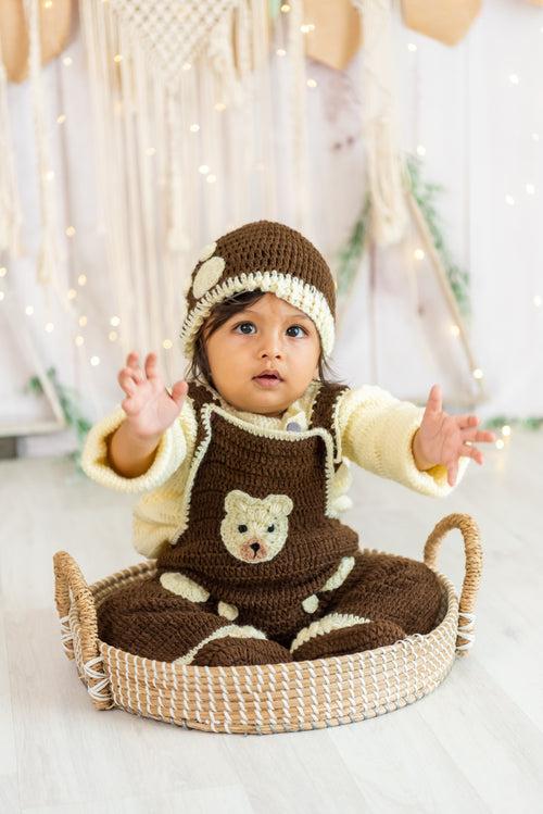 Teddy Embellished Handmade Dungaree & Sweater Set- Brown & Cream