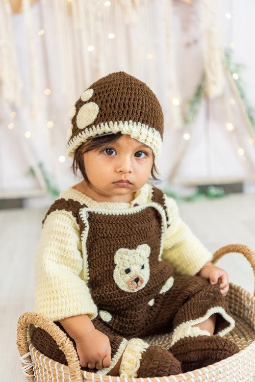 Teddy Embellished Handmade Dungaree & Sweater Set- Brown & Cream