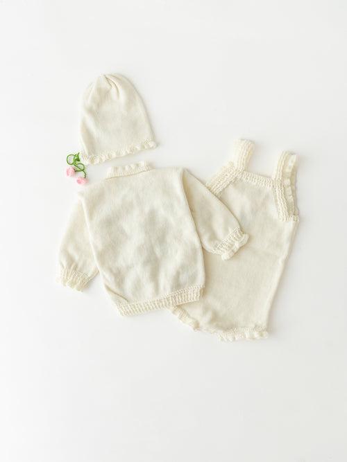 Flower Embellished Handmade Romper Set- Off White & Pink