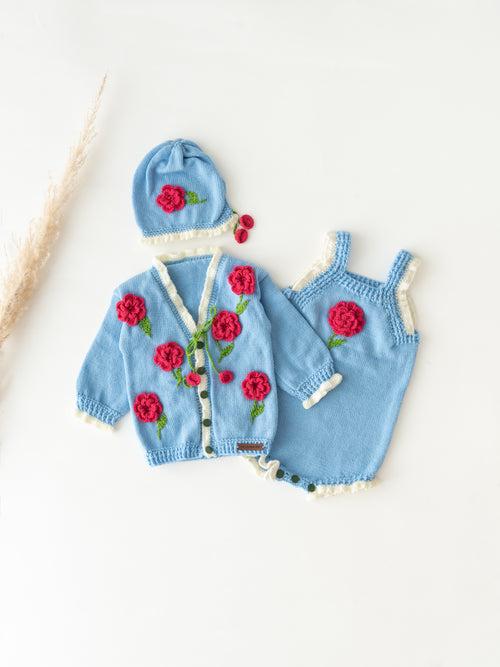 Flower Embellished Handmade Romper Set- Blue & Red