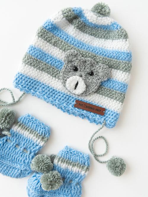 Handmade Teddy Embellished Sweater Set With Cap & Booties- Blue & Grey