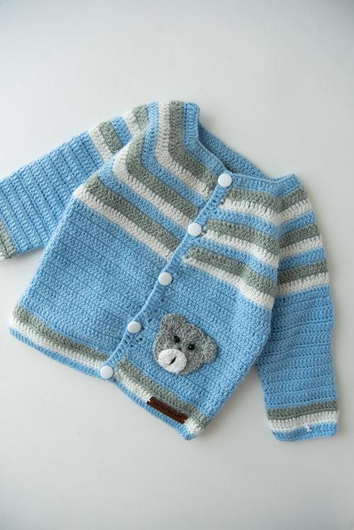 Handmade Teddy Embellished Sweater Set With Cap & Booties- Blue & Grey