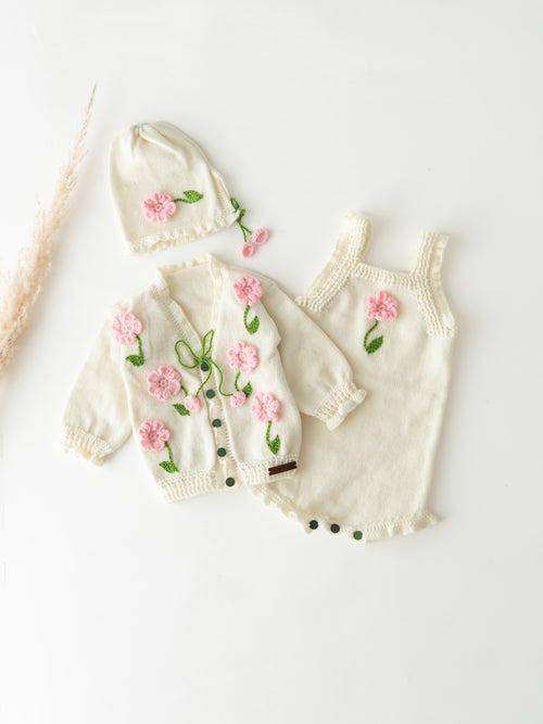 Flower Embellished Handmade Romper Set- Off White & Pink