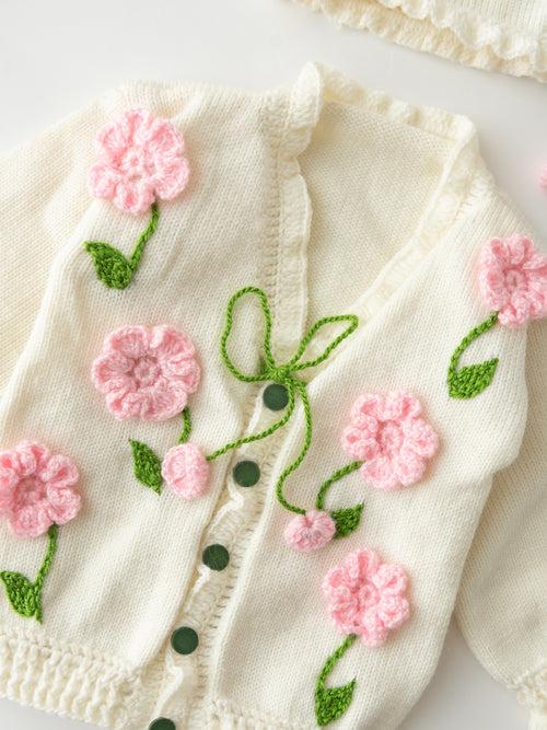 Flower Embellished Handmade Romper Set- Off White & Pink