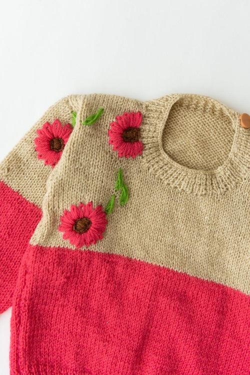 Embroidered Handmade Sweater Set- Beige & Pink