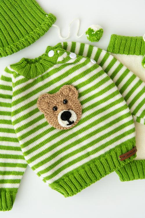 Teddy Patch Sweater & Pant Set- Green & Cream