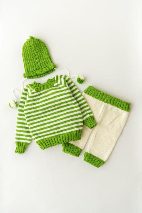 Teddy Patch Sweater & Pant Set- Green & Cream