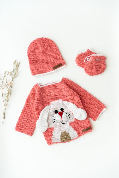 Kids Handmade Rabbit Embellished Sweater Set- Pink & White