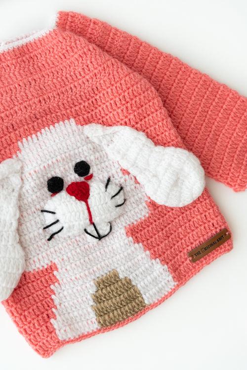 Kids Handmade Rabbit Embellished Sweater Set- Pink & White