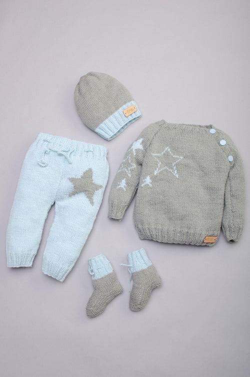 Handmade Star Embellished Pyjama Set- Grey & Ice Blue