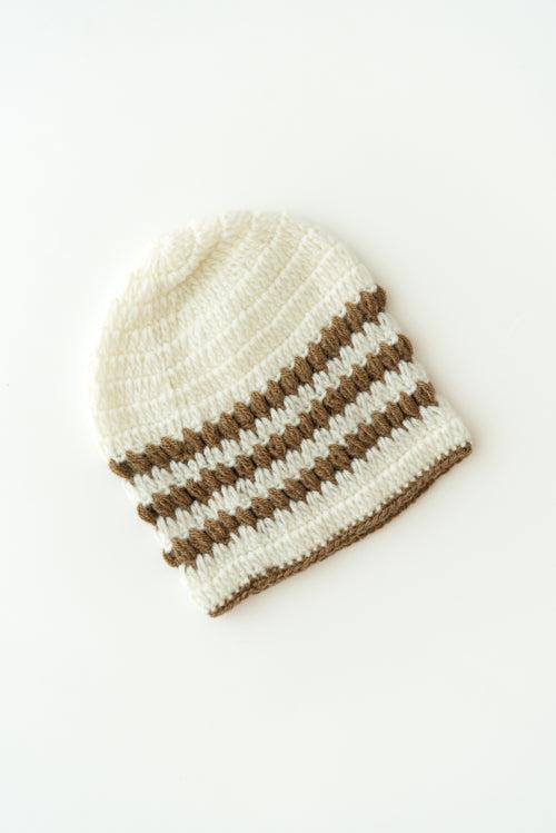 Unisex Kids Handmade Striped Cap With Booties & Mittens- White & Brown