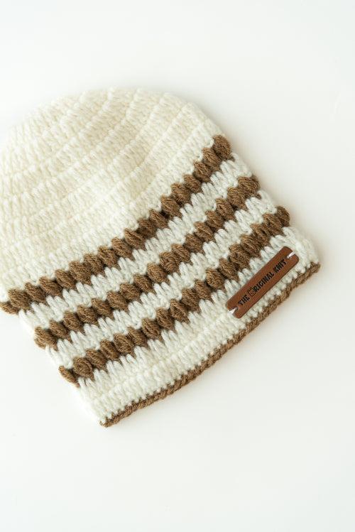 Unisex Kids Handmade Striped Cap With Booties & Mittens- White & Brown