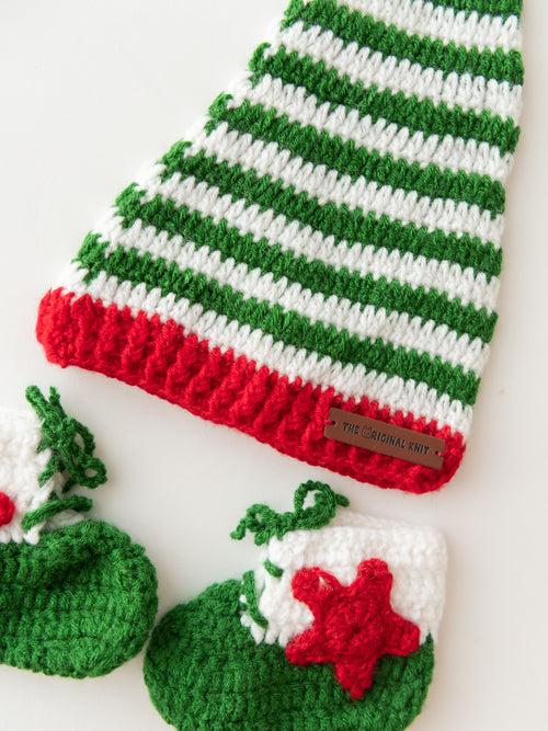 Kids Handmade X'Mas  Cap With Booties- Green & White